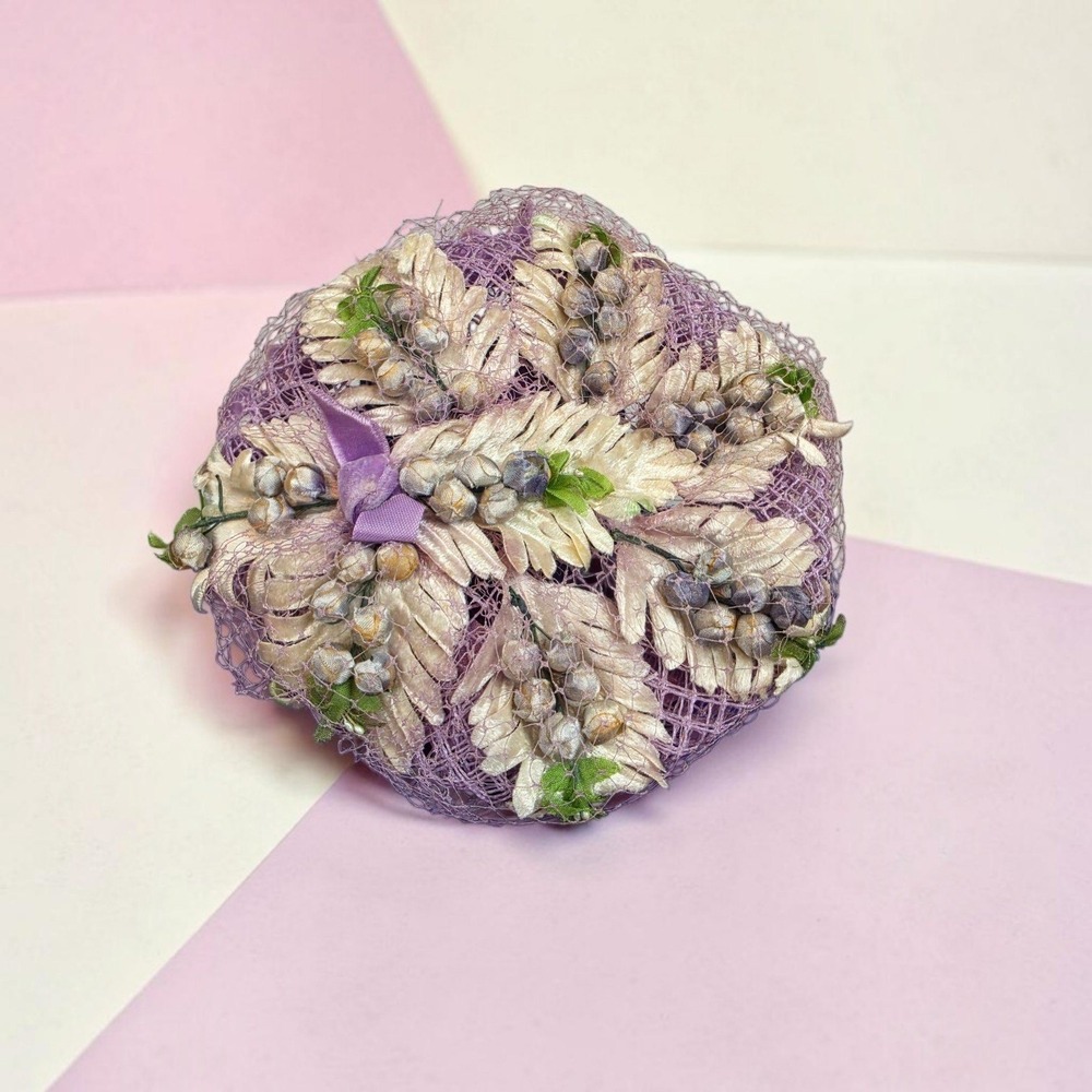 Vintage 1950s Purple Velvet Pillbox Hat Silk Leaves Floral Netting Fascinator